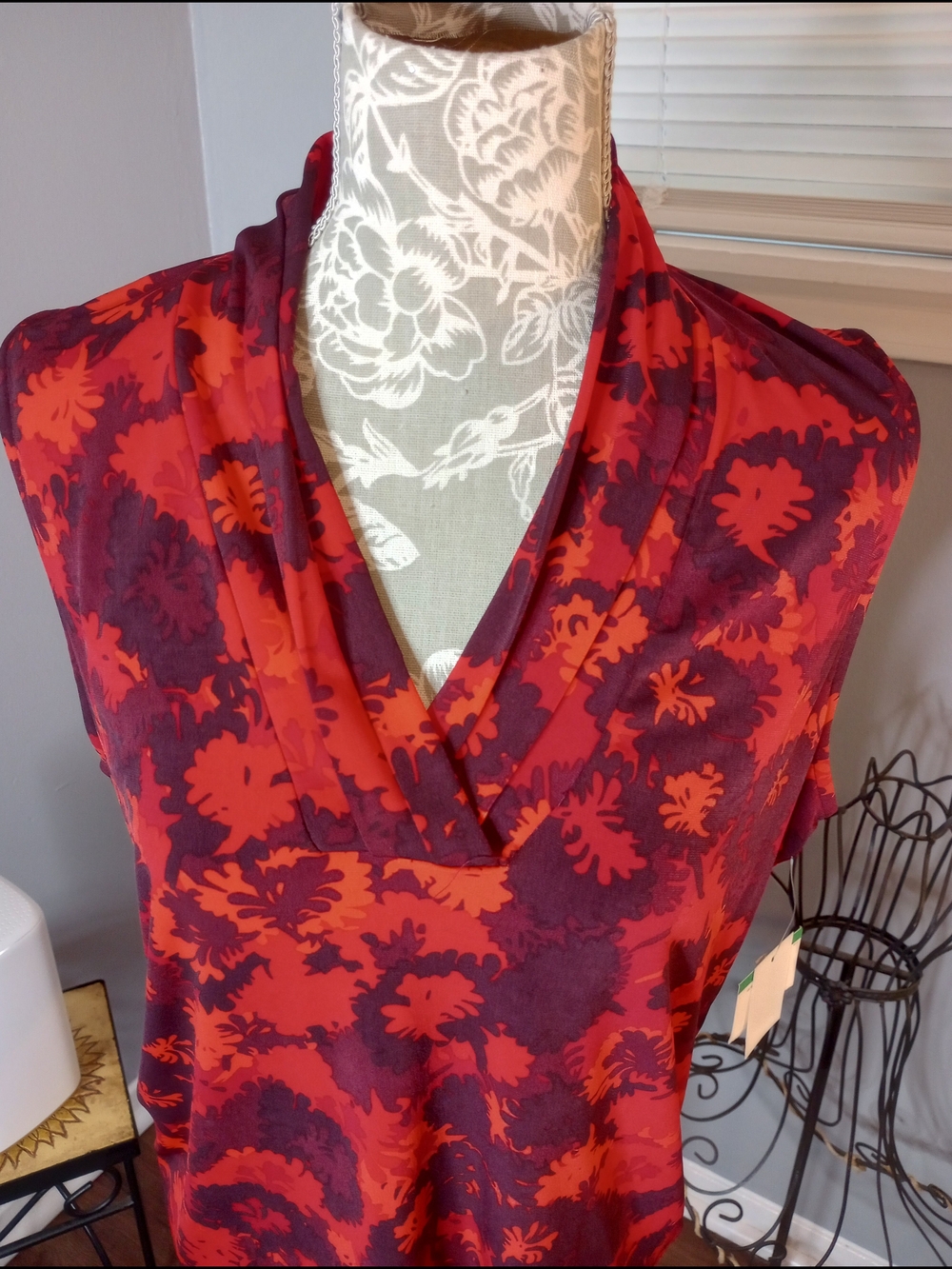 Sleeveless Titan Red Floral Drape Neck Blouse Anne Klein